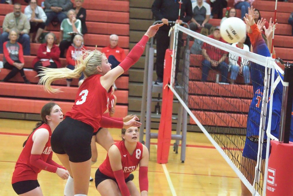 Harper Richardson (3) smashes a kill through the Newton blockade.  Photo by T Ray Henry.