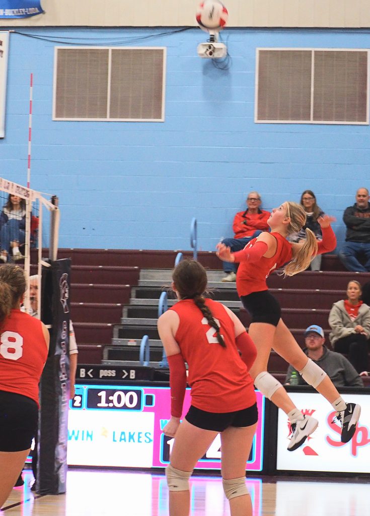 Harper Richardson eyes a kill during regional semifinal vs Westville.